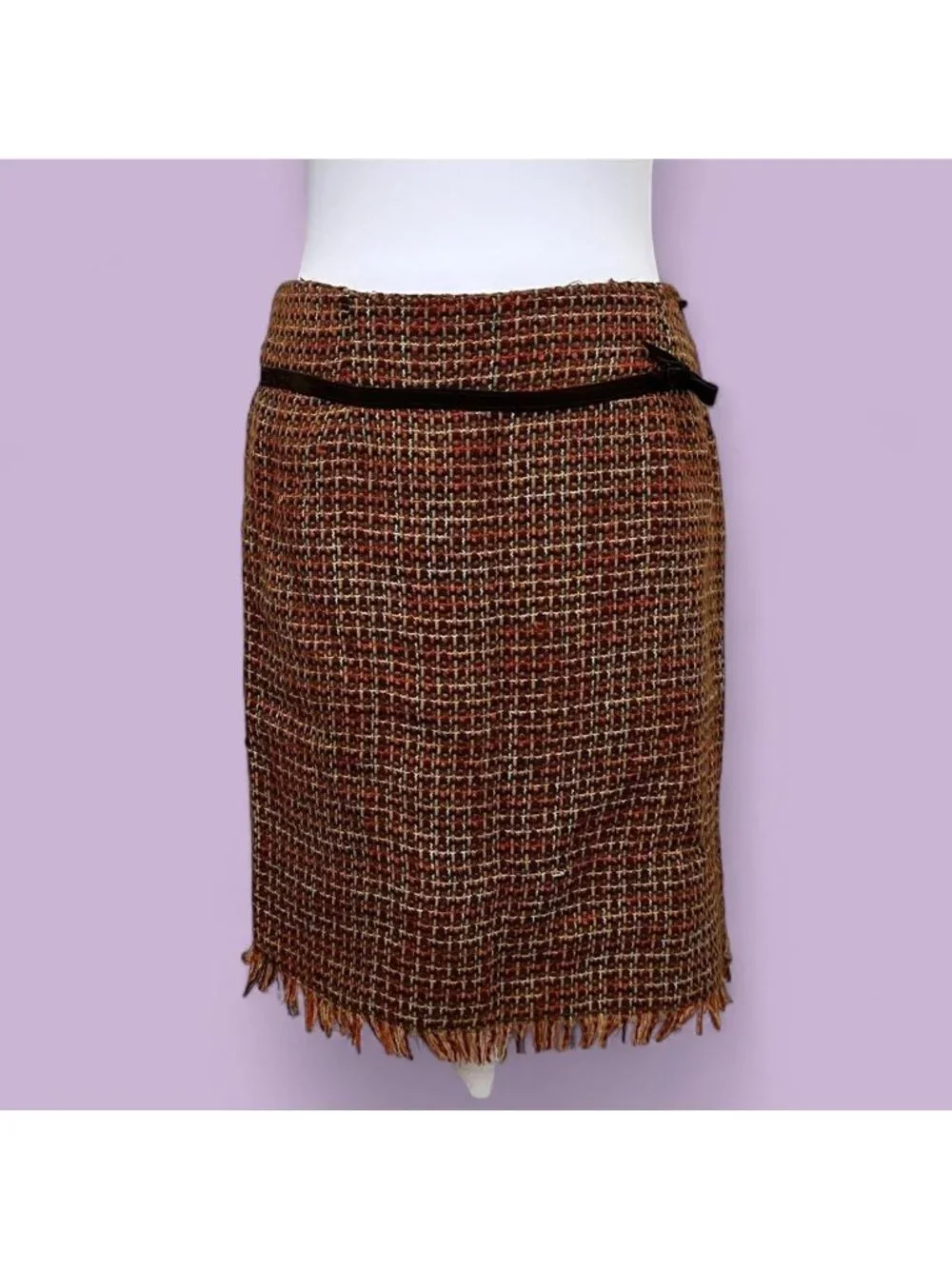 y2k orange brown tweed office siren twee academia knee length skirt